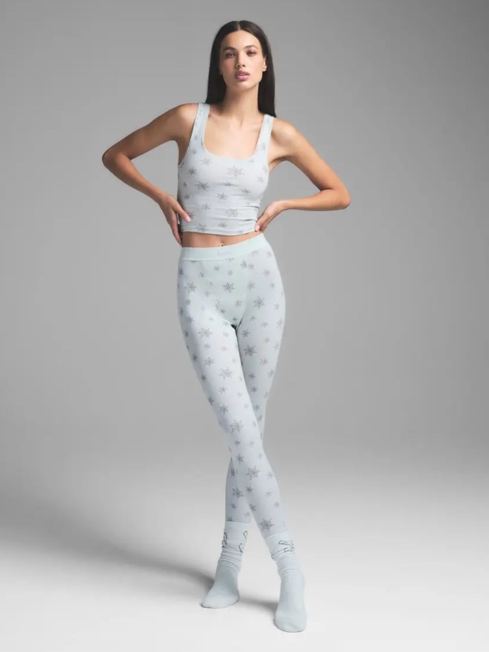 SKIMS Cotton Stretch Rib Frost Snowflake Print Blue Leggings Pants EUC Size S
